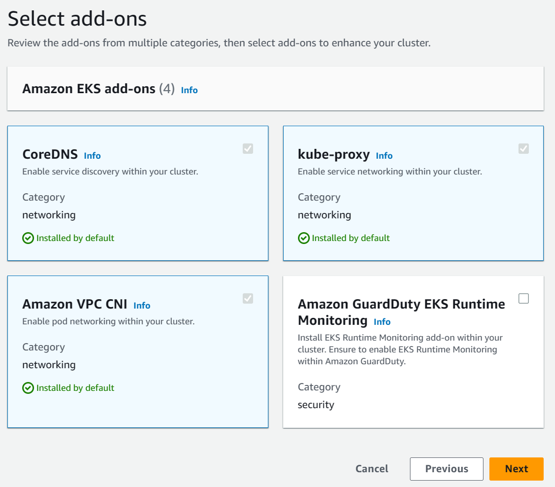 Default Add-ons installed when creating an EKS cluster