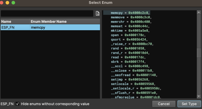 Binary Ninja select matching IROM API type.